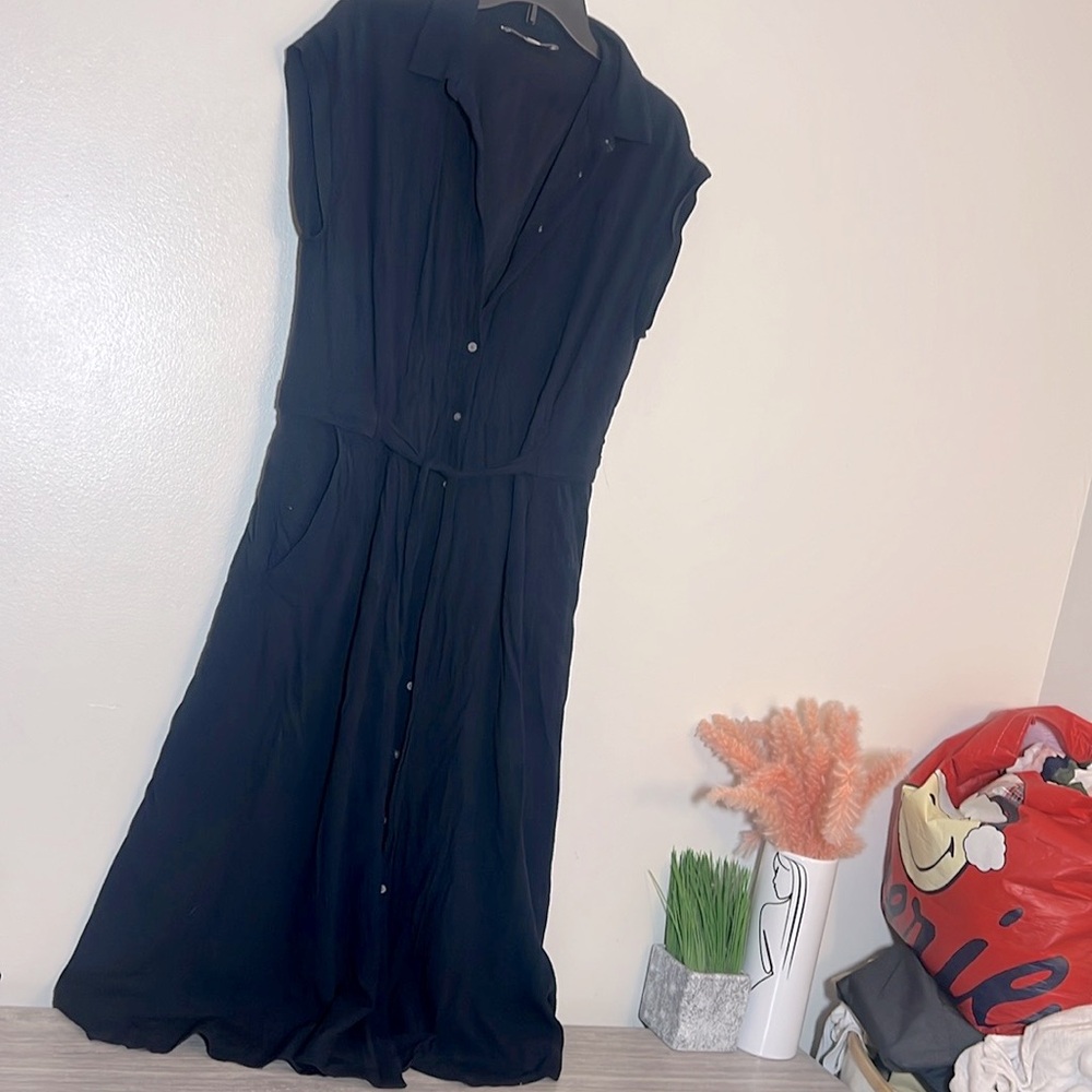 Ann Taylor Loft Navy Blue Button Front Short Sleeve Midi Shirt Dress 12 - Picture 3 of 6